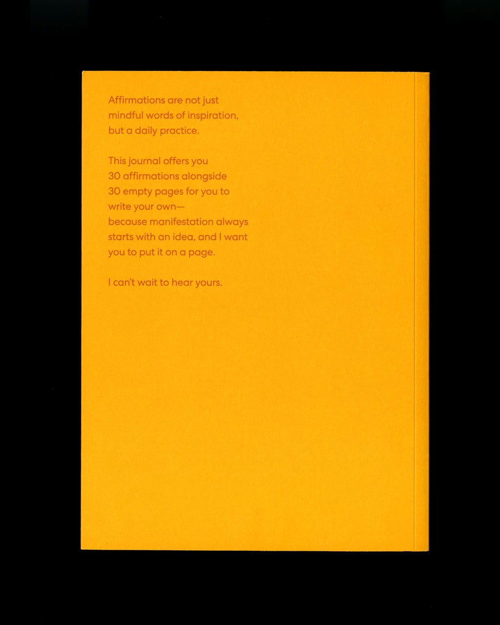 Back cover of the book “Honey/Asal” with descriptive text in red on a solid yellow background, explaining the book offers 30 affirmations and space for readers to write their own.