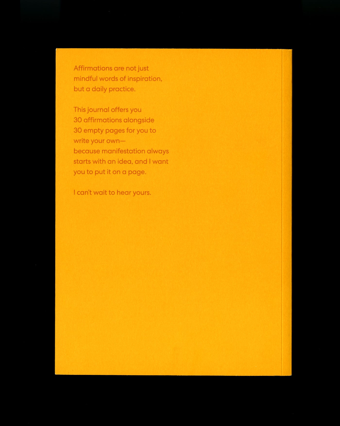 Back cover of the book “Honey/Asal” with descriptive text in red on a solid yellow background, explaining the book offers 30 affirmations and space for readers to write their own.